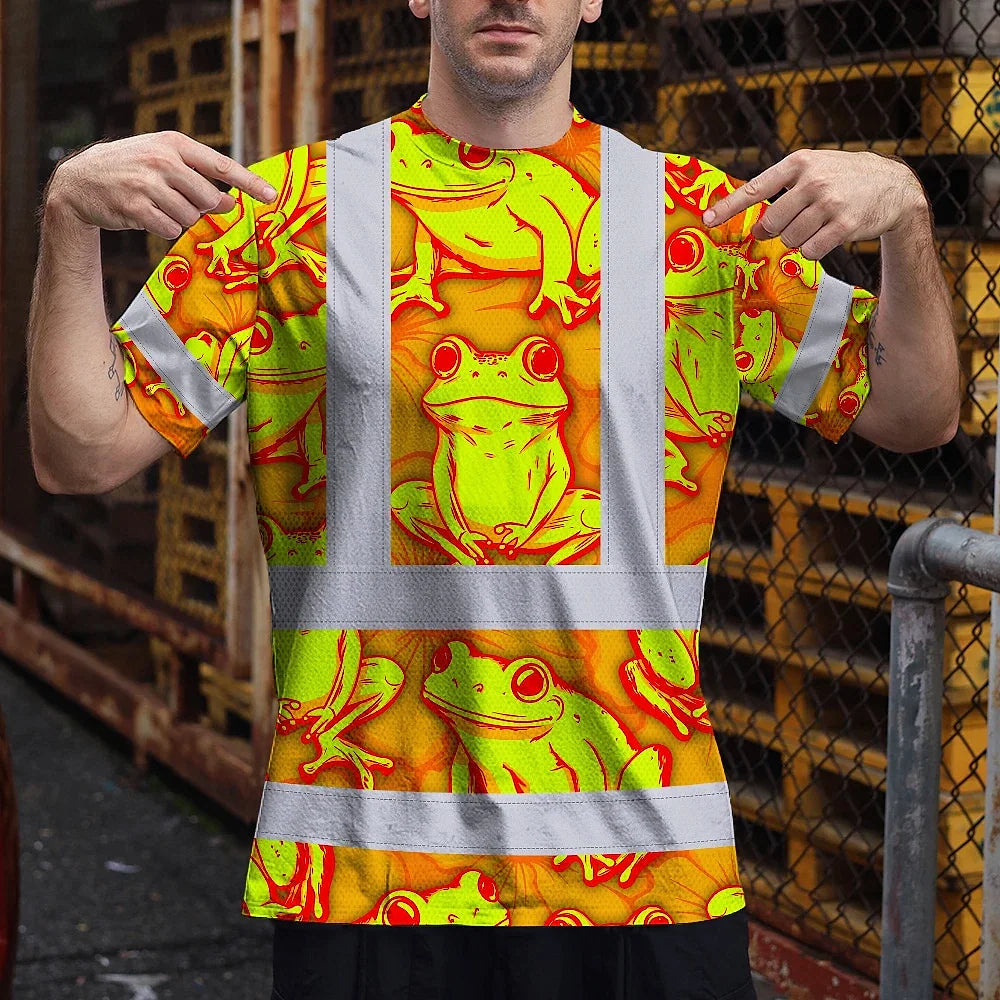 Hi Vis T Shirt Reflective Tapes Orange And Lime Neon Frog Custom Name Safety Workwear For Workers, Truckers, Operators