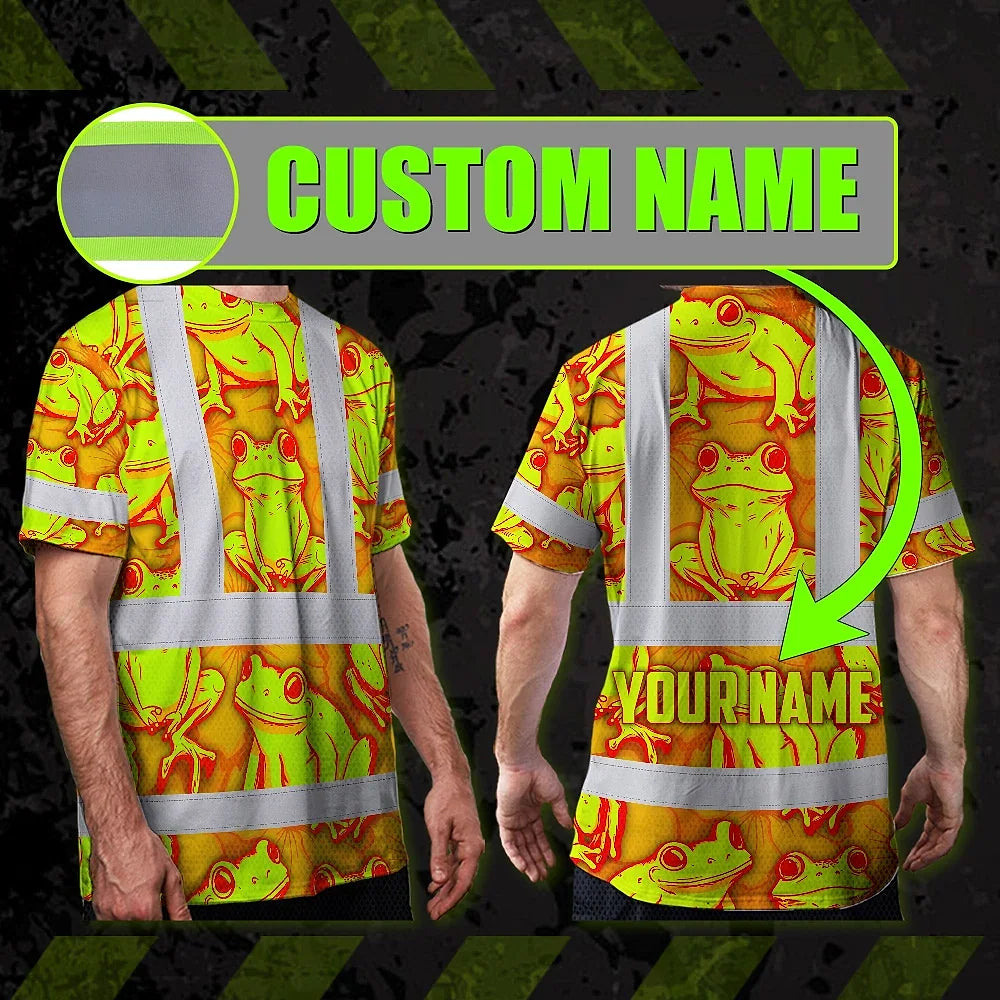 Hi Vis T Shirt Reflective Tapes Orange And Lime Neon Frog Custom Name Safety Workwear For Workers, Truckers, Operators