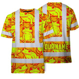 Hi Vis T Shirt Reflective Tapes Orange And Lime Neon Frog Custom Name Safety Workwear For Workers, Truckers, Operators
