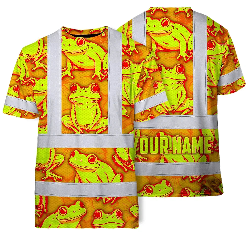 Hi Vis T Shirt Reflective Tapes Orange And Lime Neon Frog Custom Name Safety Workwear For Workers, Truckers, Operators