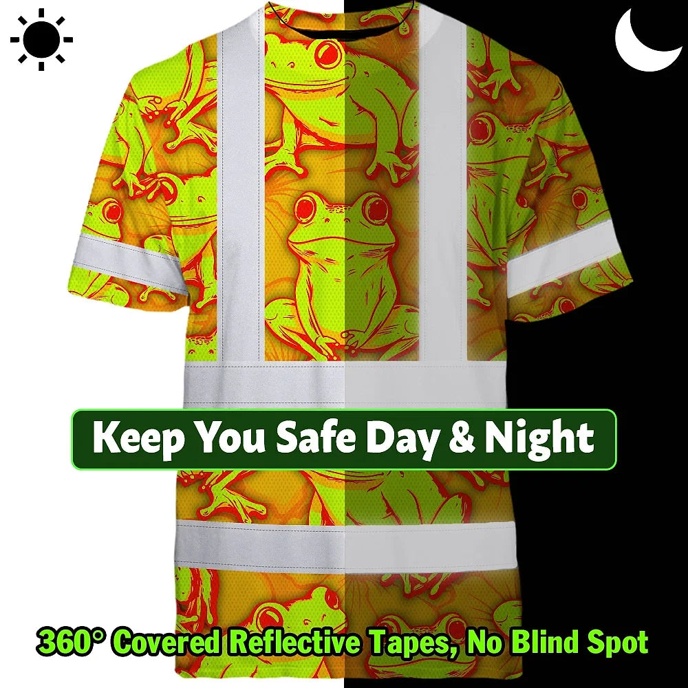 Hi Vis T Shirt Reflective Tapes Orange And Lime Neon Frog Custom Name Safety Workwear For Workers, Truckers, Operators