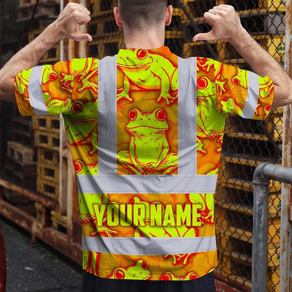 Hi Vis T Shirt Reflective Tapes Orange And Lime Neon Frog Custom Name Safety Workwear For Workers, Truckers, Operators