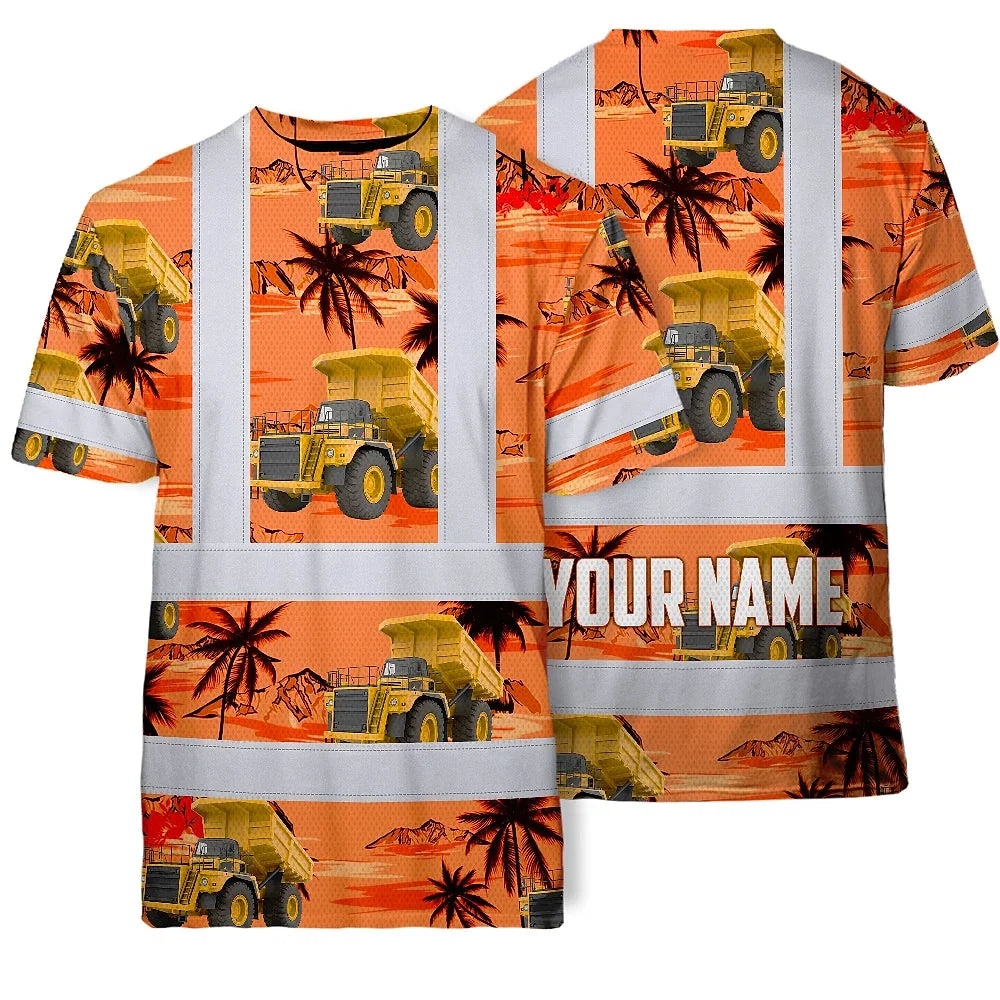 Hi Vis T Shirt Reflective Tapes Orange Neon Dump Truck Custom Name Safety Workwear For Workers, Truckers, Operators