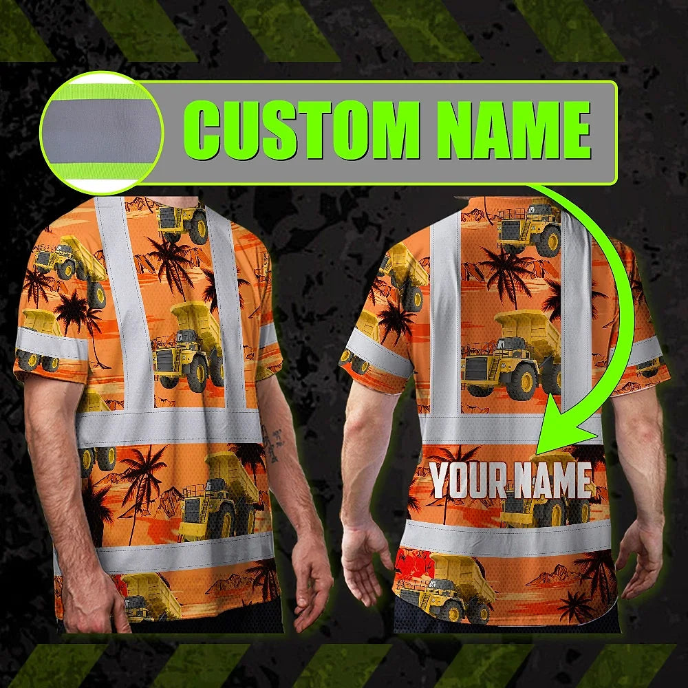 Hi Vis T Shirt Reflective Tapes Orange Neon Dump Truck Custom Name Safety Workwear For Workers, Truckers, Operators