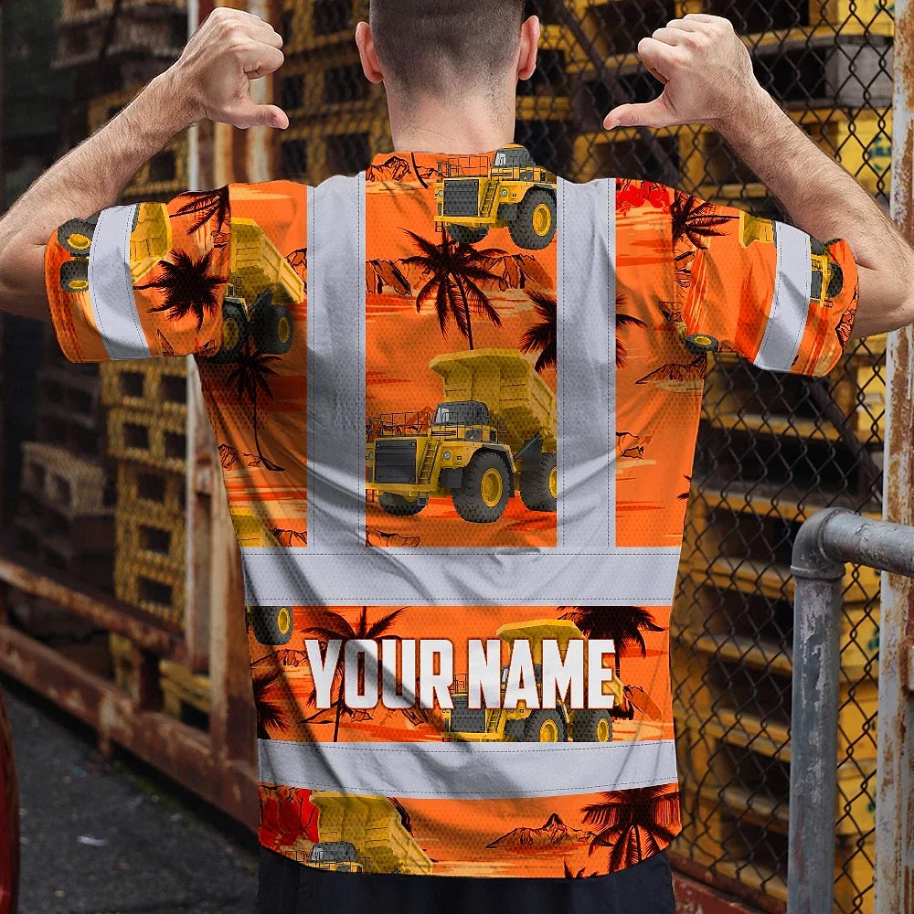Hi Vis T Shirt Reflective Tapes Orange Neon Dump Truck Custom Name Safety Workwear For Workers, Truckers, Operators