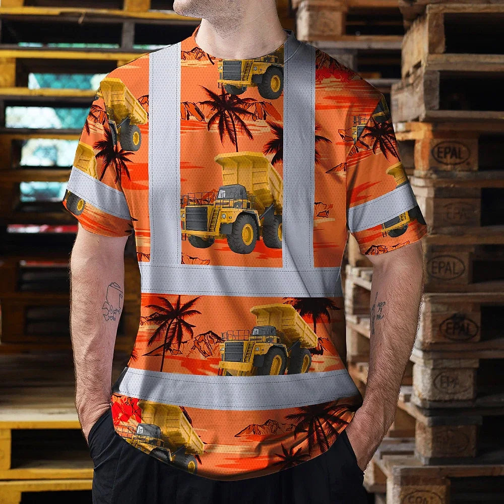Hi Vis T Shirt Reflective Tapes Orange Neon Dump Truck Custom Name Safety Workwear For Workers, Truckers, Operators