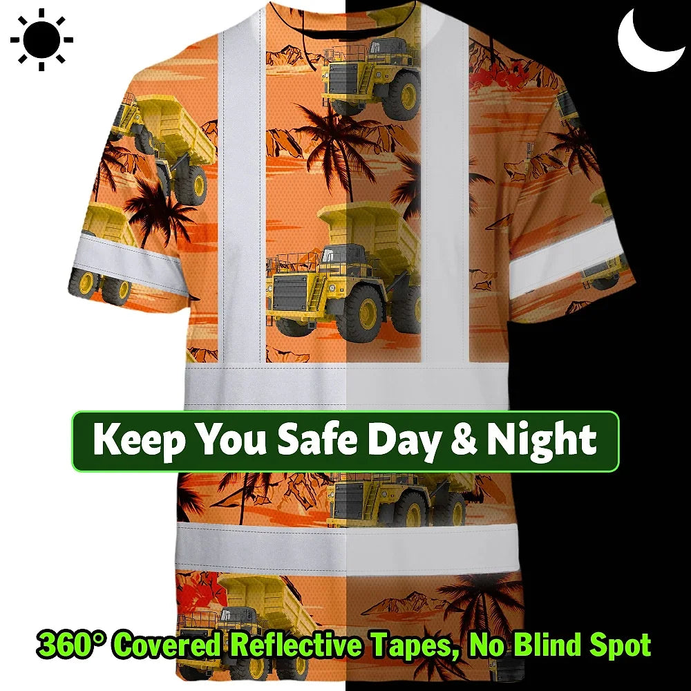 Hi Vis T Shirt Reflective Tapes Orange Neon Dump Truck Custom Name Safety Workwear For Workers, Truckers, Operators