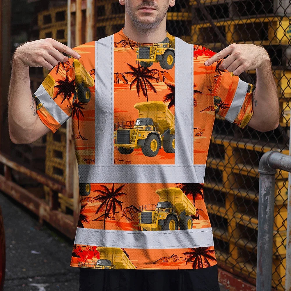 Hi Vis T Shirt Reflective Tapes Orange Neon Dump Truck Custom Name Safety Workwear For Workers, Truckers, Operators