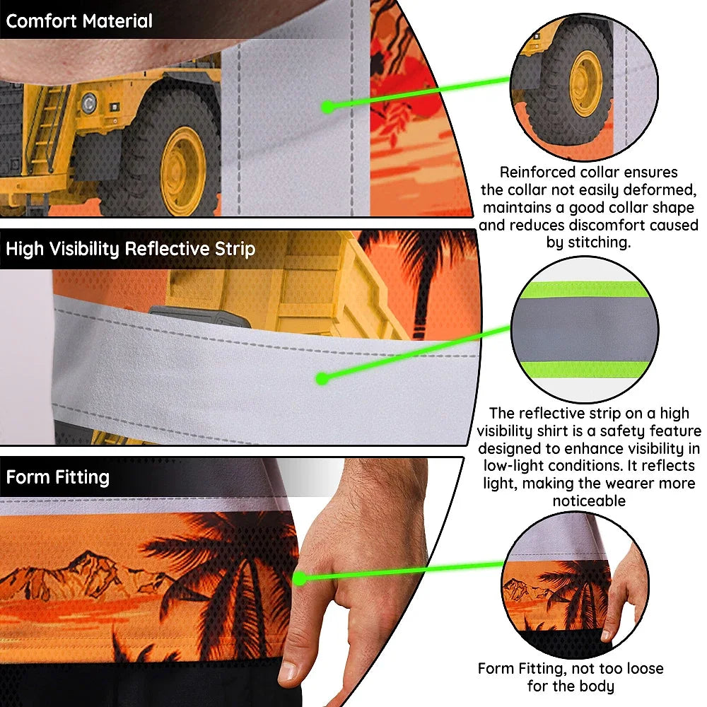 Hi Vis T Shirt Reflective Tapes Orange Neon Dump Truck Custom Name Safety Workwear For Workers, Truckers, Operators