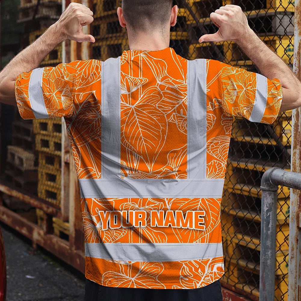 Hi Vis T Shirt Reflective Tapes Orange Neon Flowers Custom Name Safety Workwear For Workers, Truckers, Operators