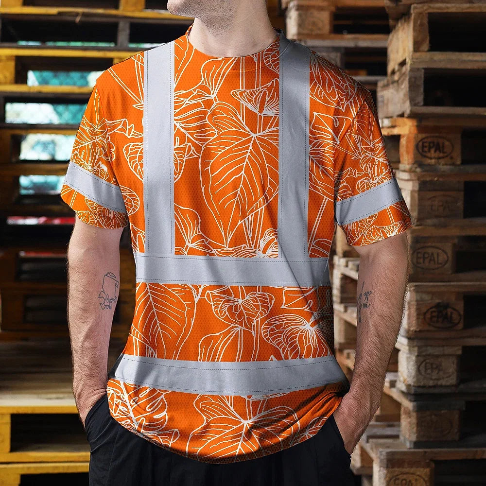 Hi Vis T Shirt Reflective Tapes Orange Neon Flowers Custom Name Safety Workwear For Workers, Truckers, Operators