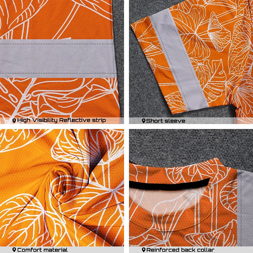 Hi Vis T Shirt Reflective Tapes Orange Neon Flowers Custom Name Safety Workwear For Workers, Truckers, Operators