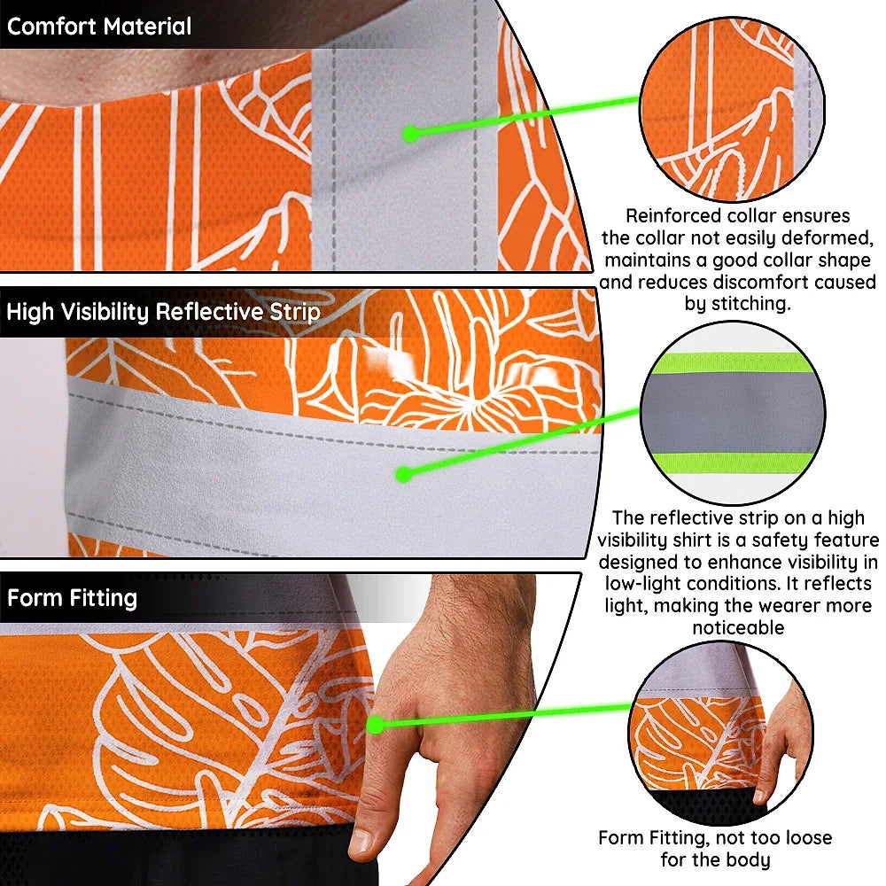 Hi Vis T Shirt Reflective Tapes Orange Neon Flowers Custom Name Safety Workwear For Workers, Truckers, Operators