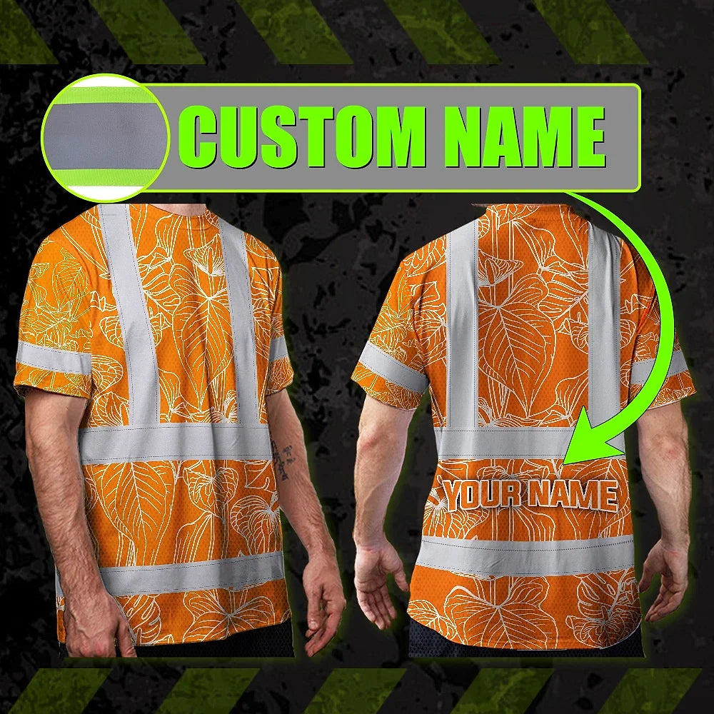 Hi Vis T Shirt Reflective Tapes Orange Neon Flowers Custom Name Safety Workwear For Workers, Truckers, Operators
