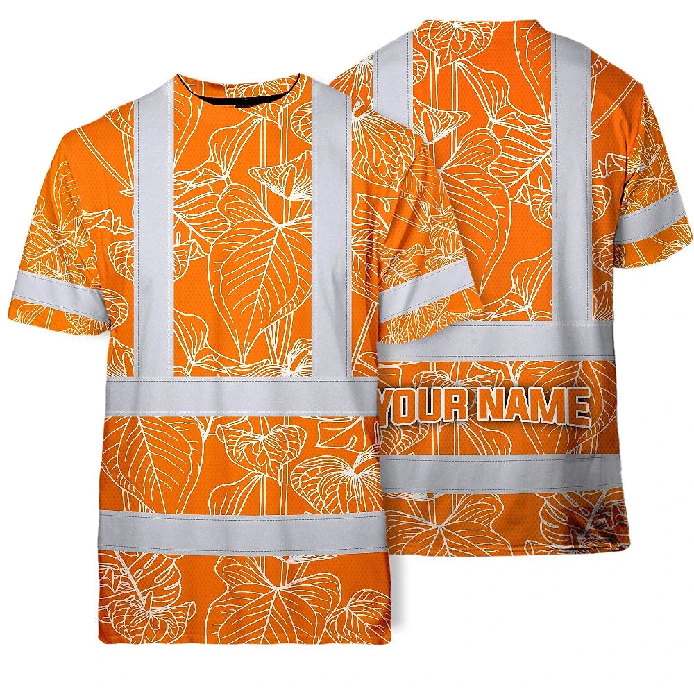 Hi Vis T Shirt Reflective Tapes Orange Neon Flowers Custom Name Safety Workwear For Workers, Truckers, Operators
