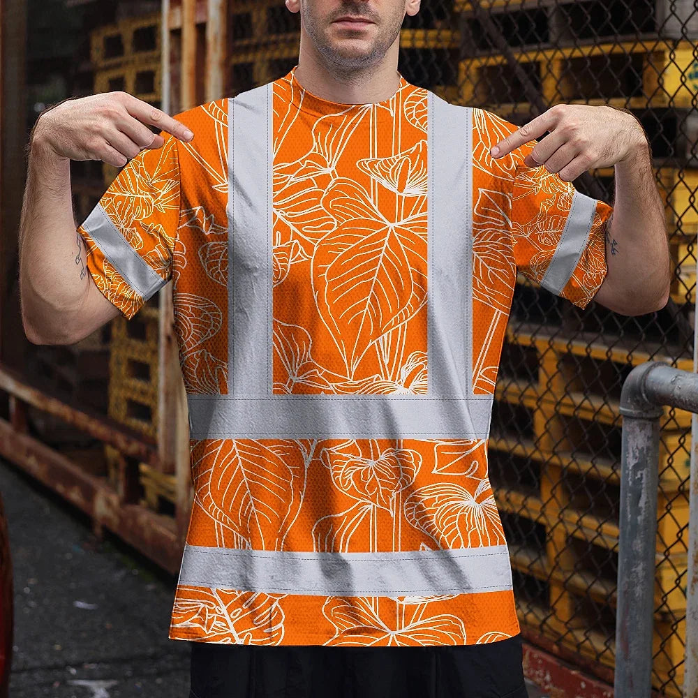 Hi Vis T Shirt Reflective Tapes Orange Neon Flowers Custom Name Safety Workwear For Workers, Truckers, Operators