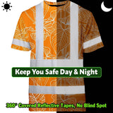 Hi Vis T Shirt Reflective Tapes Orange Neon Flowers Custom Name Safety Workwear For Workers, Truckers, Operators