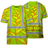 Hi Vis T Shirt Reflective Tapes Orange Neon Lime Heliconia Custom Name Safety Workwear For Workers, Truckers, Operators