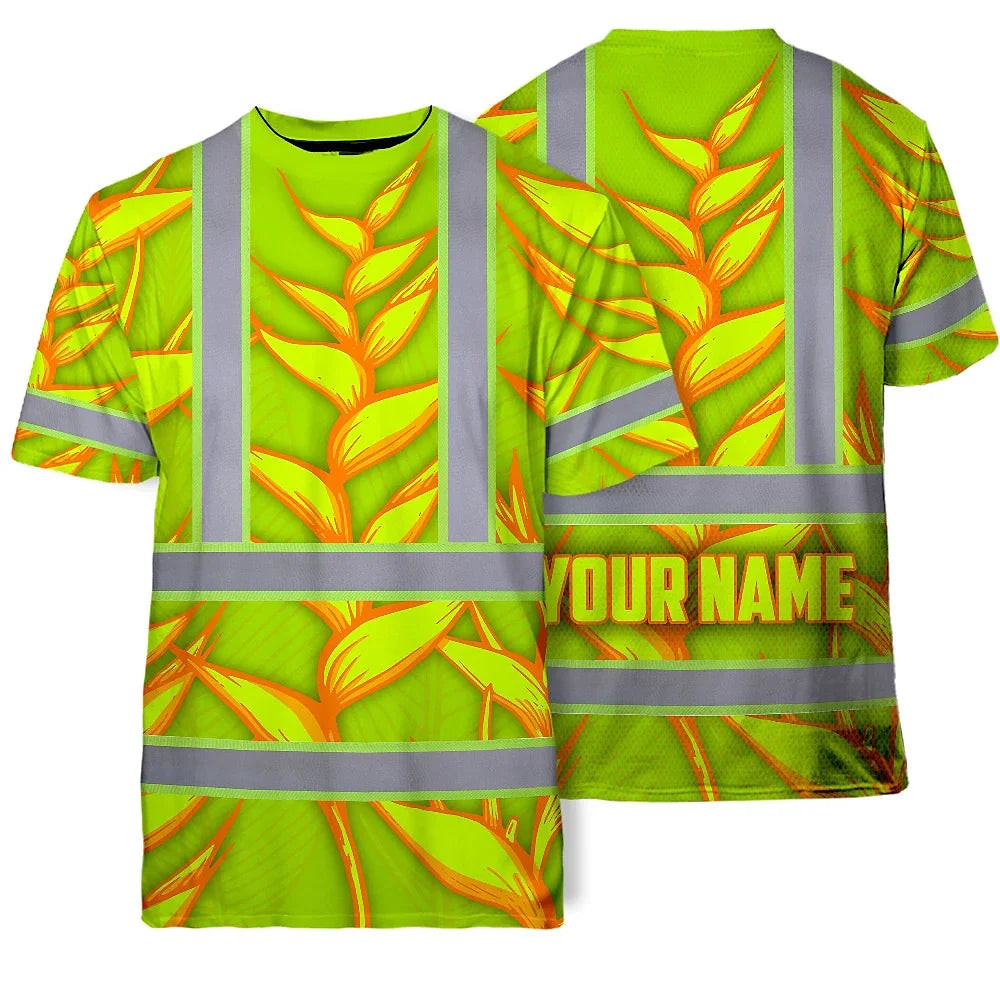 Hi Vis T Shirt Reflective Tapes Orange Neon Lime Heliconia Custom Name Safety Workwear For Workers, Truckers, Operators