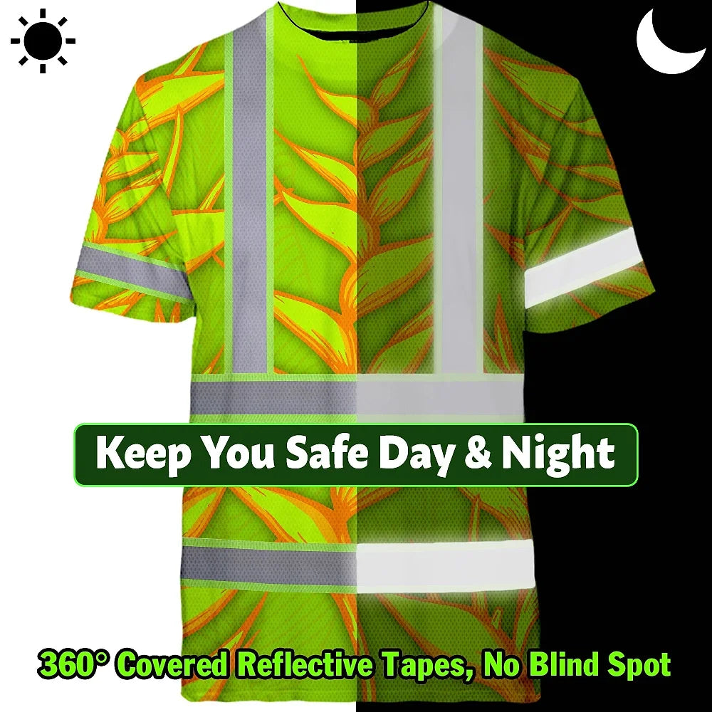 Hi Vis T Shirt Reflective Tapes Orange Neon Lime Heliconia Custom Name Safety Workwear For Workers, Truckers, Operators