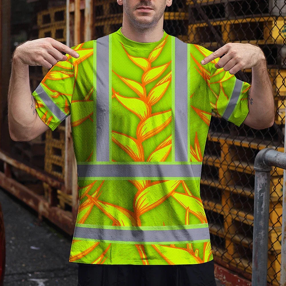 Hi Vis T Shirt Reflective Tapes Orange Neon Lime Heliconia Custom Name Safety Workwear For Workers, Truckers, Operators