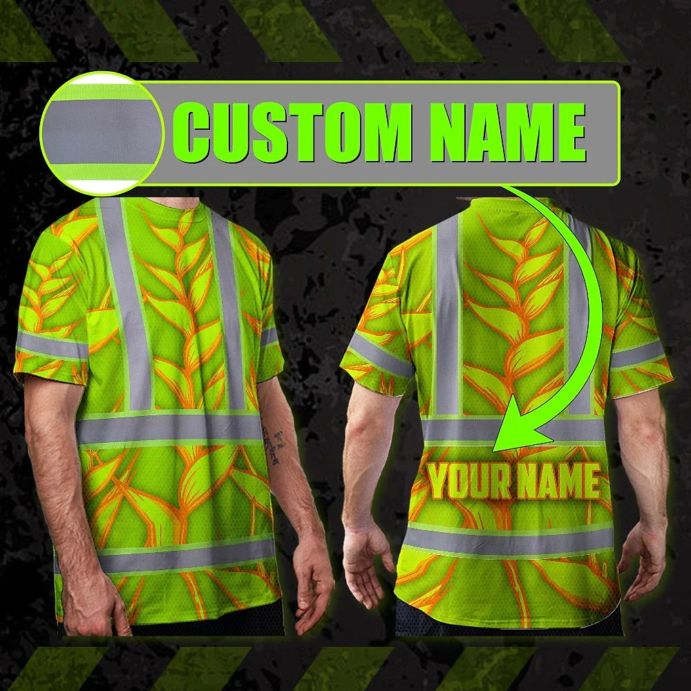 Hi Vis T Shirt Reflective Tapes Orange Neon Lime Heliconia Custom Name Safety Workwear For Workers, Truckers, Operators