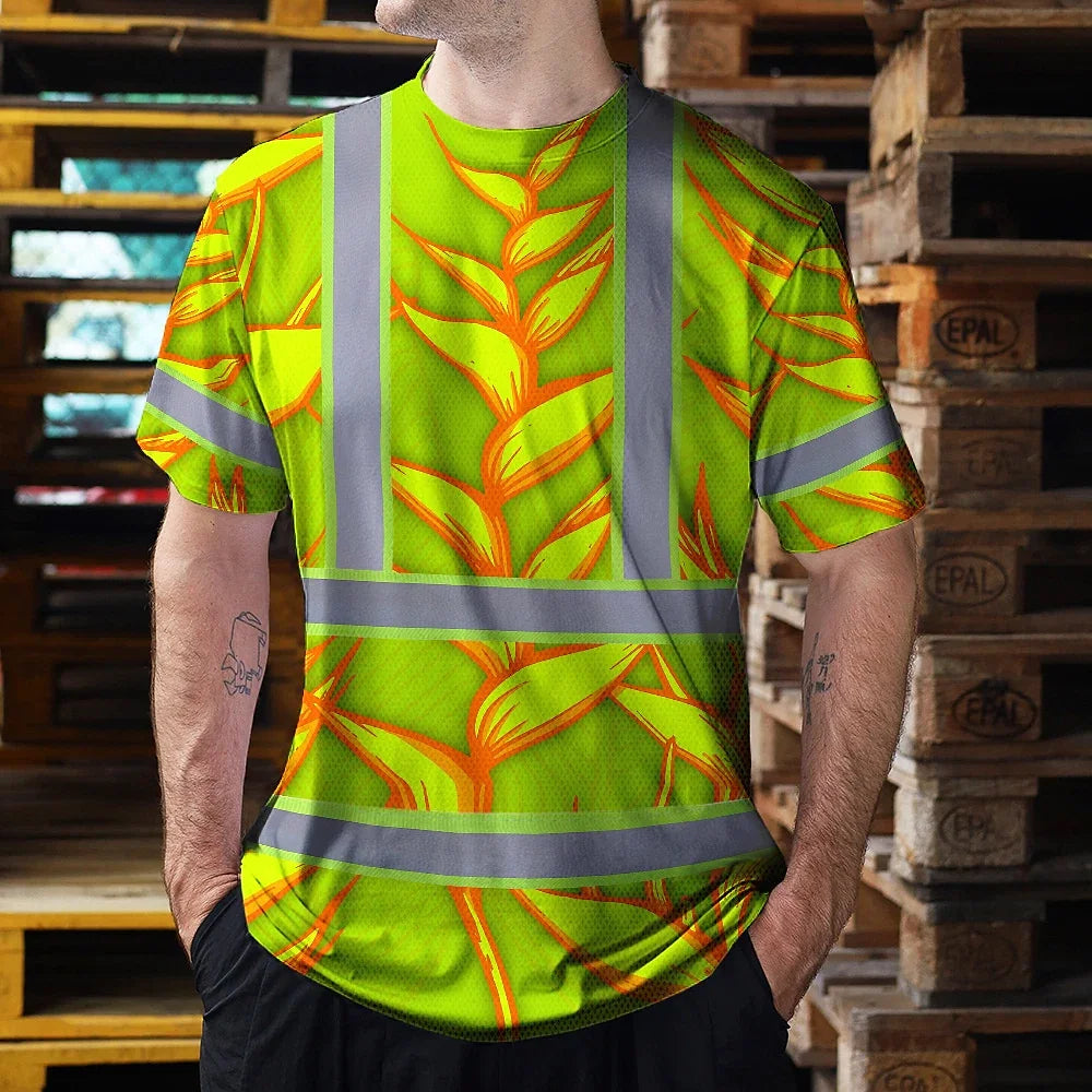 Hi Vis T Shirt Reflective Tapes Orange Neon Lime Heliconia Custom Name Safety Workwear For Workers, Truckers, Operators