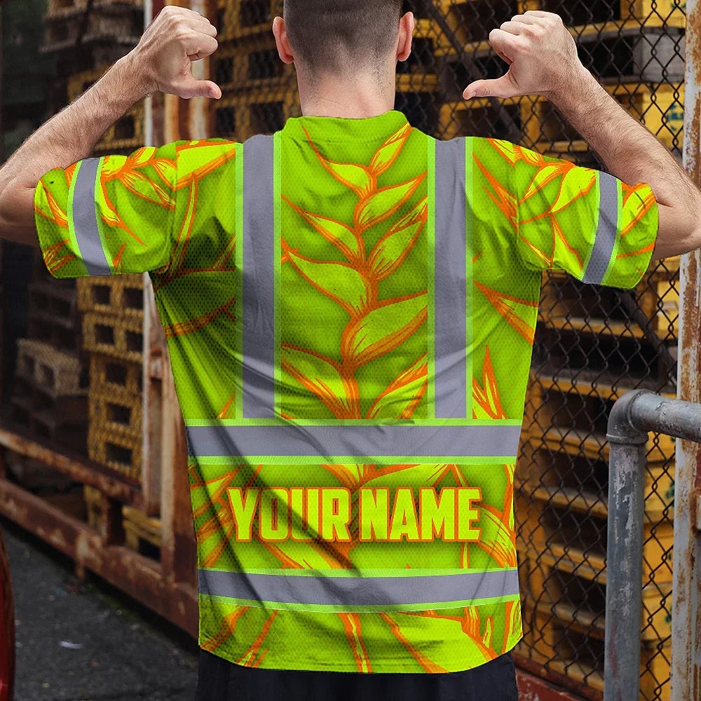 Hi Vis T Shirt Reflective Tapes Orange Neon Lime Heliconia Custom Name Safety Workwear For Workers, Truckers, Operators