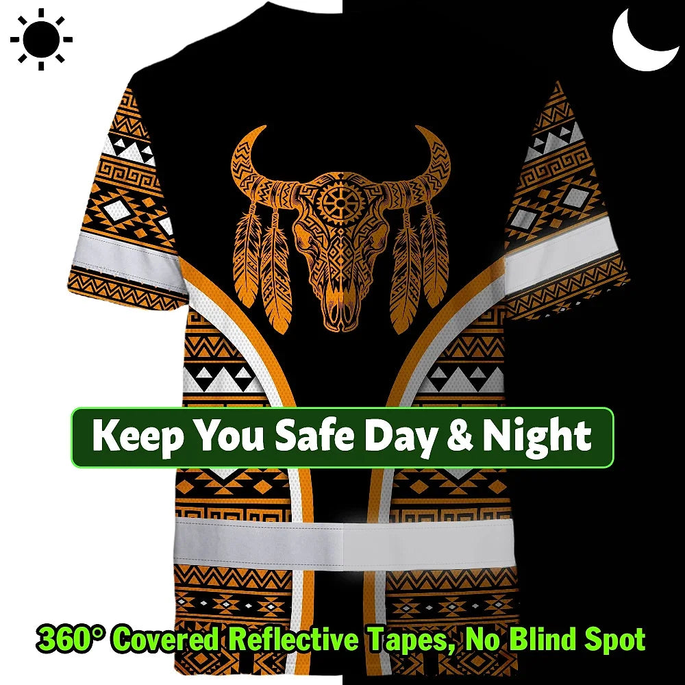 Hi Vis T Shirt Reflective Tapes Orange Neon Skull Native Custom Name Safety Workwear For Workers, Truckers, Operators