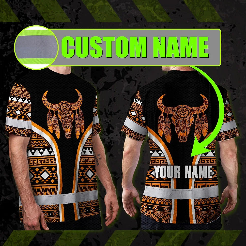 Hi Vis T Shirt Reflective Tapes Orange Neon Skull Native Custom Name Safety Workwear For Workers, Truckers, Operators