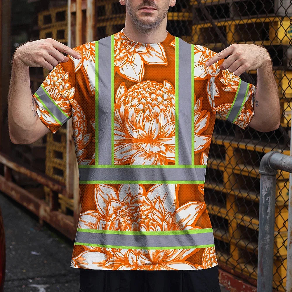Hi Vis T Shirt Reflective Tapes Orange Neon White Protea Custom Name Safety Workwear For Workers, Truckers, Operators