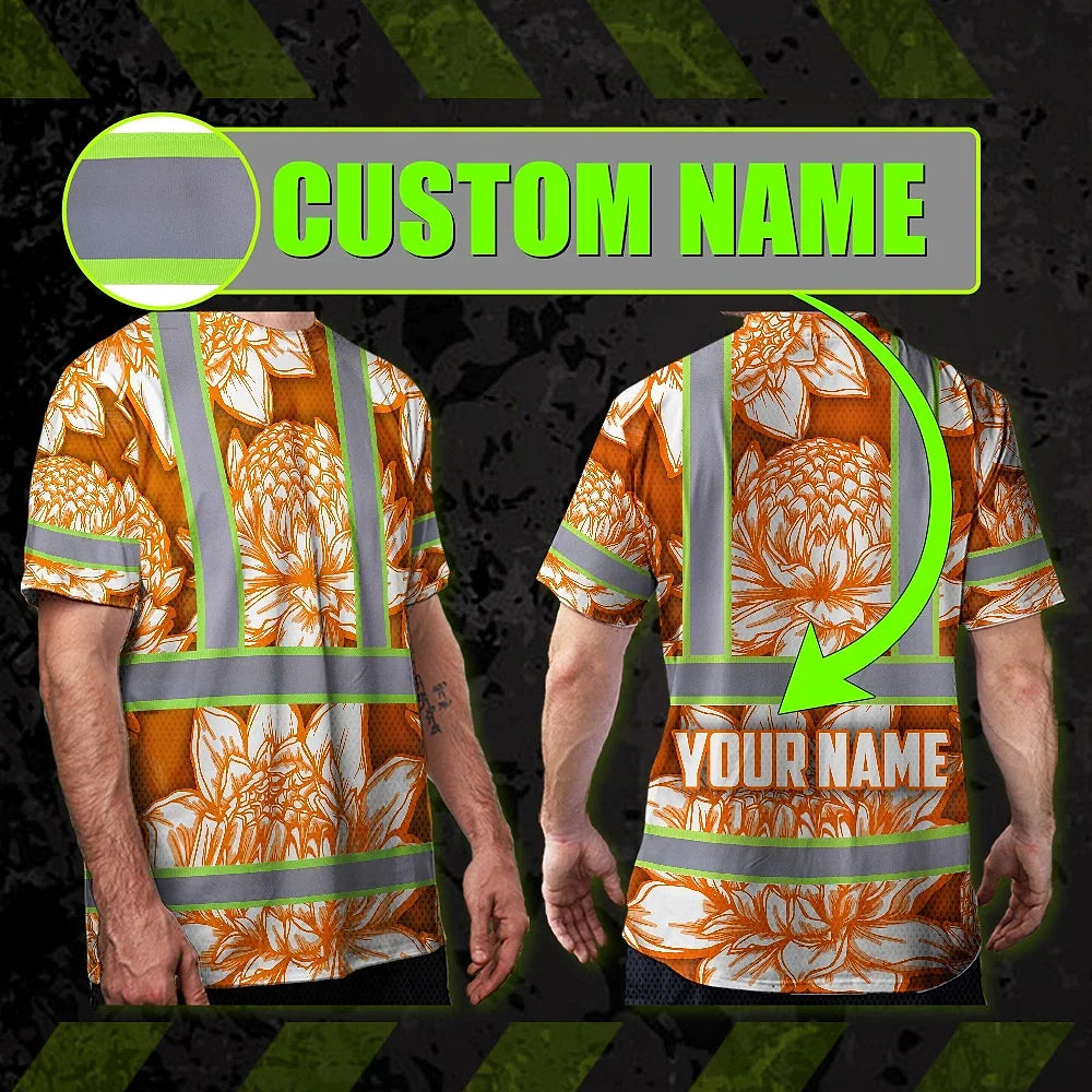 Hi Vis T Shirt Reflective Tapes Orange Neon White Protea Custom Name Safety Workwear For Workers, Truckers, Operators
