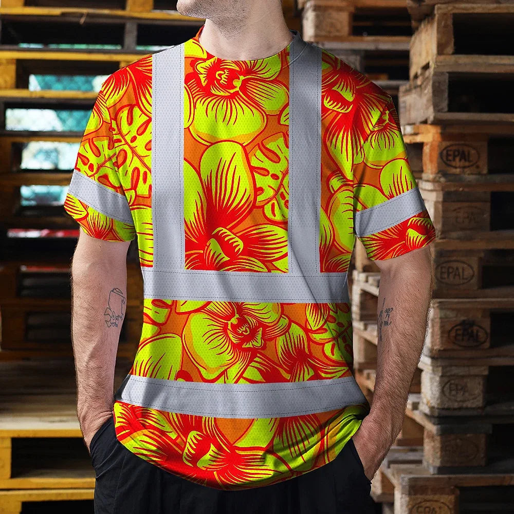 Hi Vis T Shirt Reflective Tapes Orange Neon Yellow Orchid Custom Name Safety Workwear For Workers, Truckers, Operators