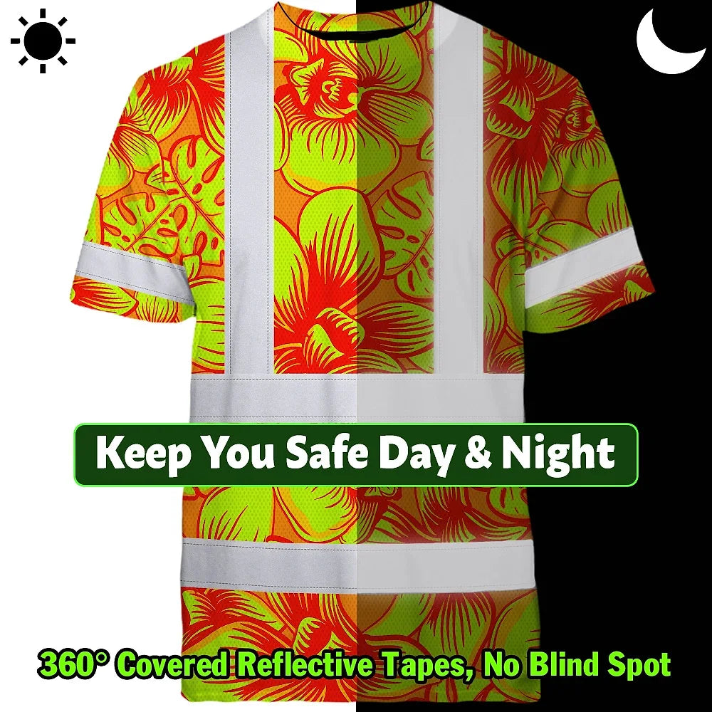 Hi Vis T Shirt Reflective Tapes Orange Neon Yellow Orchid Custom Name Safety Workwear For Workers, Truckers, Operators