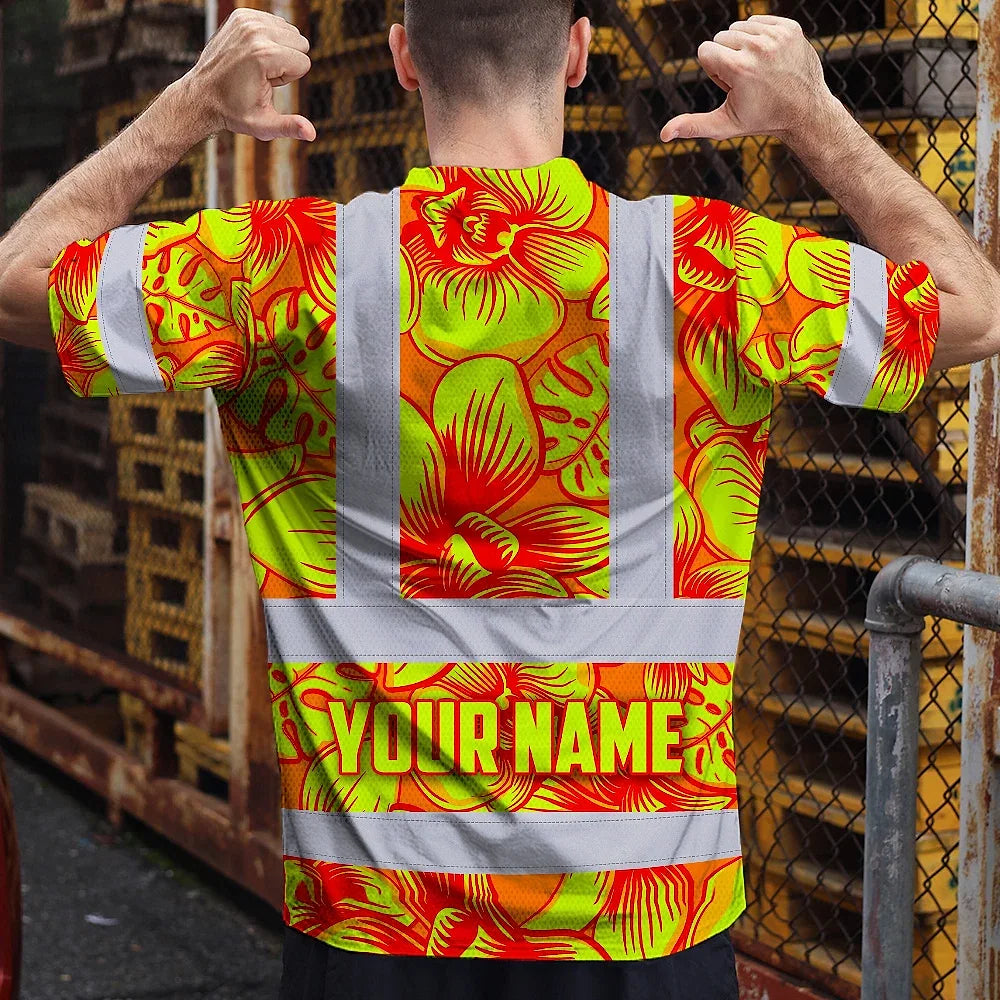 Hi Vis T Shirt Reflective Tapes Orange Neon Yellow Orchid Custom Name Safety Workwear For Workers, Truckers, Operators
