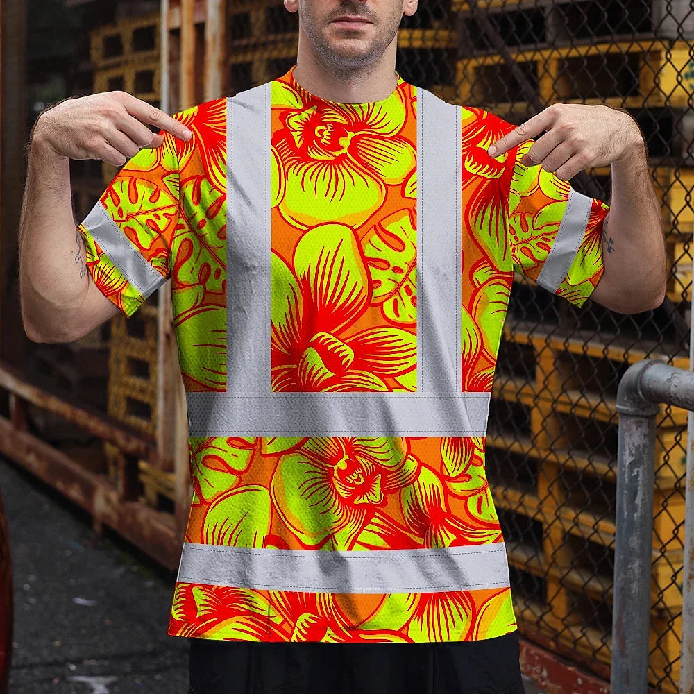 Hi Vis T Shirt Reflective Tapes Orange Neon Yellow Orchid Custom Name Safety Workwear For Workers, Truckers, Operators