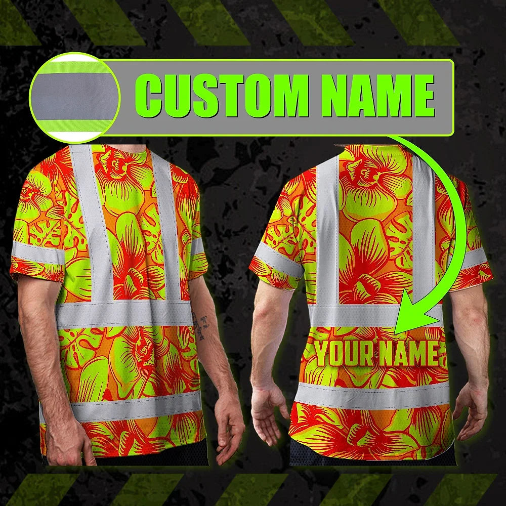 Hi Vis T Shirt Reflective Tapes Orange Neon Yellow Orchid Custom Name Safety Workwear For Workers, Truckers, Operators
