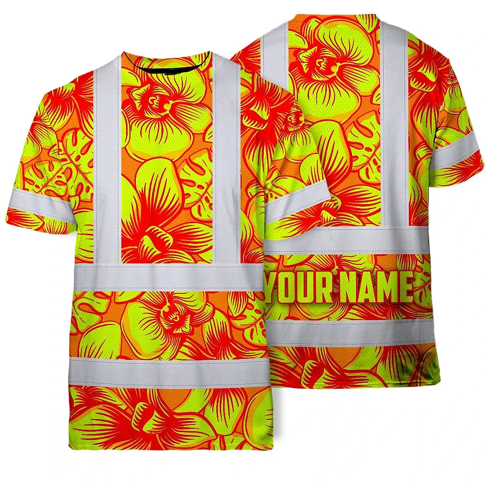 Hi Vis T Shirt Reflective Tapes Orange Neon Yellow Orchid Custom Name Safety Workwear For Workers, Truckers, Operators