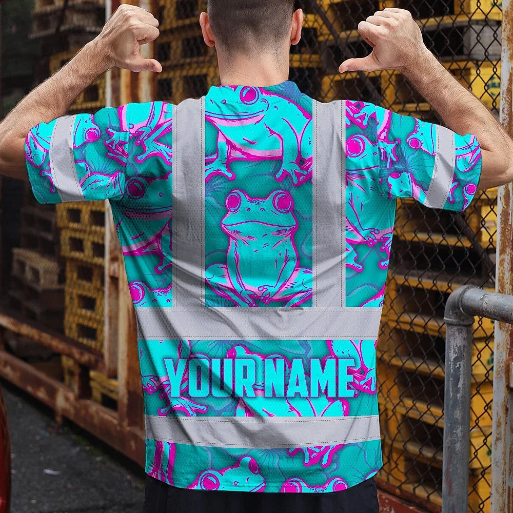 Hi Vis T Shirt Reflective Tapes Pink And Blue Neon Frog Custom Name Safety Workwear For Workers, Truckers, Operators