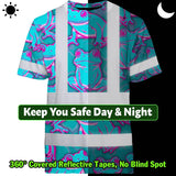 Hi Vis T Shirt Reflective Tapes Pink And Blue Neon Frog Custom Name Safety Workwear For Workers, Truckers, Operators