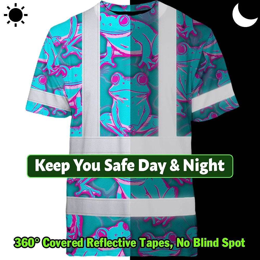 Hi Vis T Shirt Reflective Tapes Pink And Blue Neon Frog Custom Name Safety Workwear For Workers, Truckers, Operators