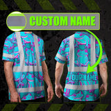 Hi Vis T Shirt Reflective Tapes Pink And Blue Neon Frog Custom Name Safety Workwear For Workers, Truckers, Operators