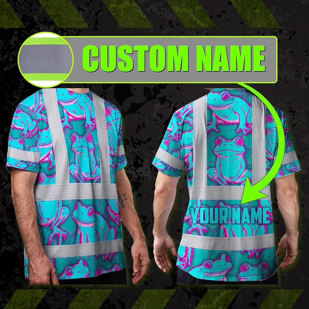 Hi Vis T Shirt Reflective Tapes Pink And Blue Neon Frog Custom Name Safety Workwear For Workers, Truckers, Operators
