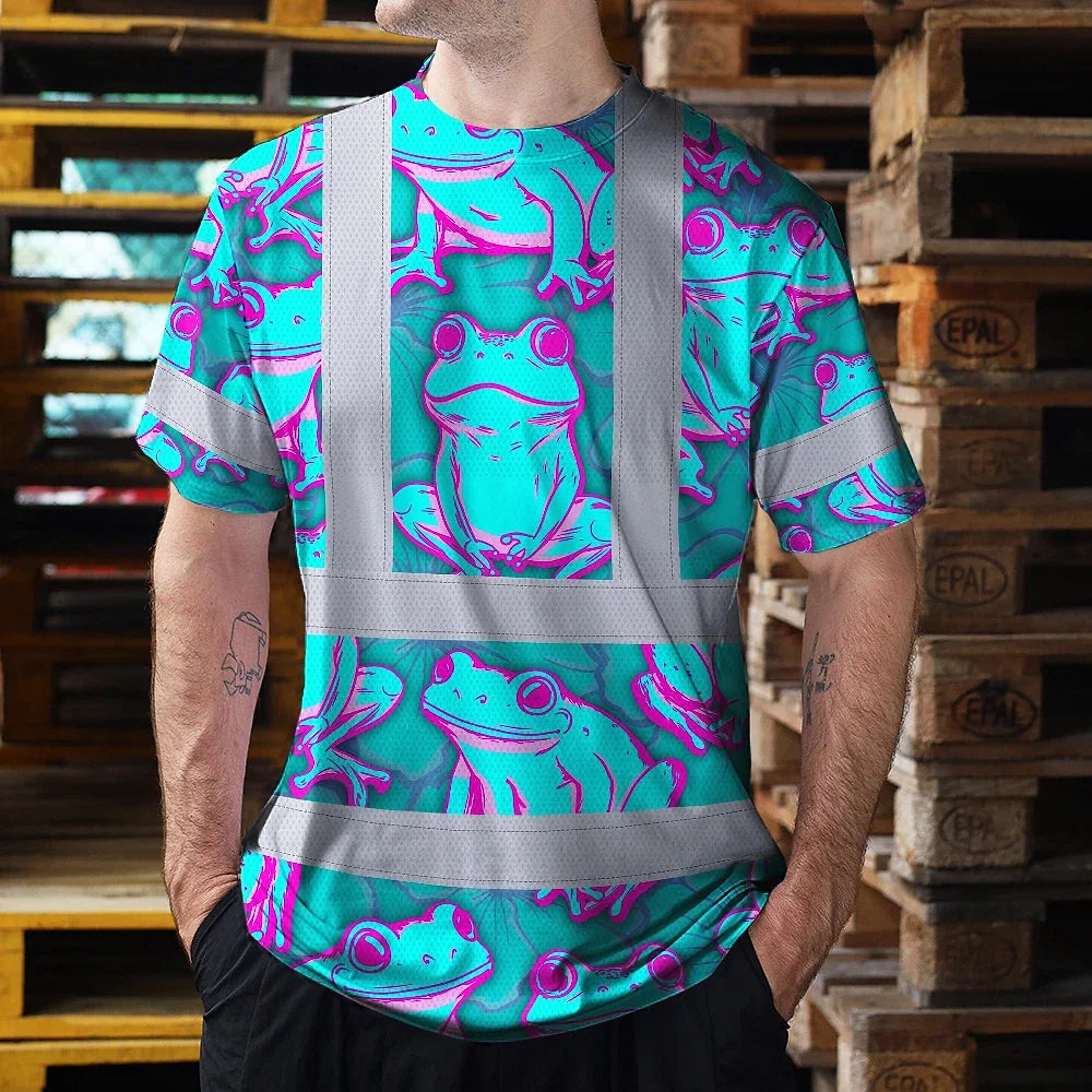 Hi Vis T Shirt Reflective Tapes Pink And Blue Neon Frog Custom Name Safety Workwear For Workers, Truckers, Operators
