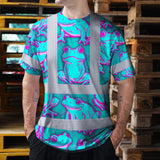 Hi Vis T Shirt Reflective Tapes Pink And Blue Neon Frog Custom Name Safety Workwear For Workers, Truckers, Operators