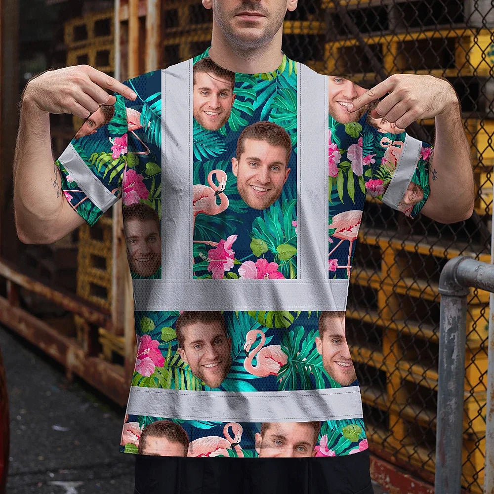 Hi Vis T Shirt Reflective Tapes Pink And Green 2 Custom Name And Photo Safety Workwear For Workers, Truckers, Operators