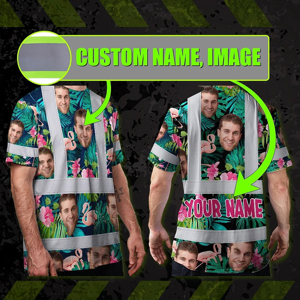 Hi Vis T Shirt Reflective Tapes Pink And Green 2 Custom Name And Photo Safety Workwear For Workers, Truckers, Operators