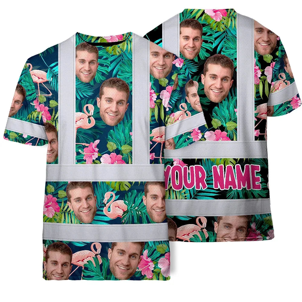 Hi Vis T Shirt Reflective Tapes Pink And Green 2 Custom Name And Photo Safety Workwear For Workers, Truckers, Operators