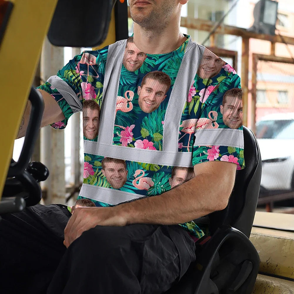 Hi Vis T Shirt Reflective Tapes Pink And Green 2 Custom Name And Photo Safety Workwear For Workers, Truckers, Operators
