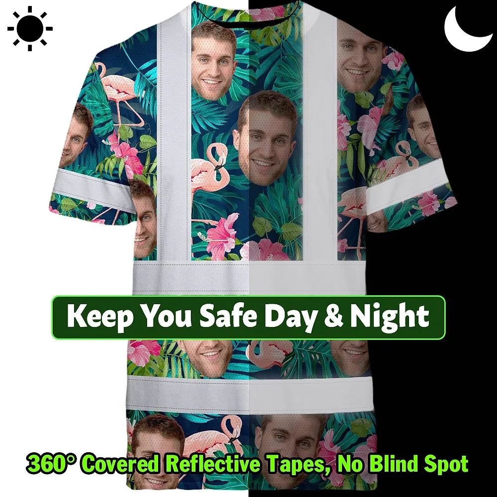Hi Vis T Shirt Reflective Tapes Pink And Green 2 Custom Name And Photo Safety Workwear For Workers, Truckers, Operators